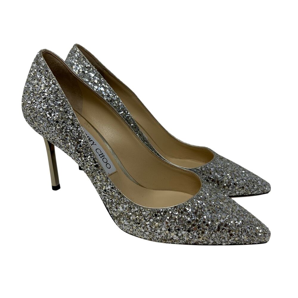 Jimmy Choo Romy 85 Coarse Glitter Champagne Silver Pointed Toe Heel Sz 38 US 8